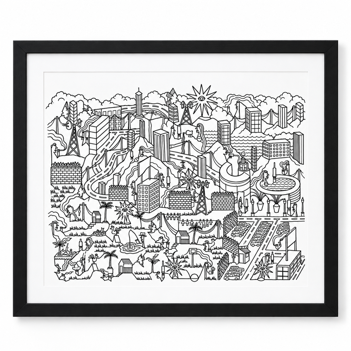 Original artwork by Dyck “Deadlocks”, Dumaguete City, Negros Oriental, Philippines, Filipino artist, ink drawing, line art, illustration, canvas, authentic artwork, abstract art, surreal art, geometric figures, human figures, mountains, houses, flowing water, birds, plants, vases, musical instrument, guitar, eye motifs, sunburst shapes, black and white artwork, intricate details, creative art, wall decor, gift, tourist art, Pinspired Art Gallery, Solo Art Show.