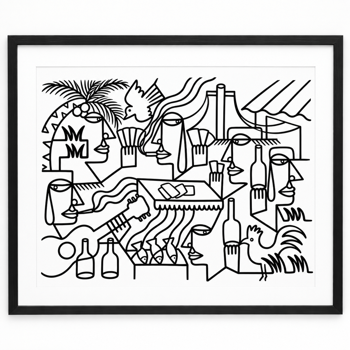 Original artwork by Dyck “Deadlocks”, Dumaguete City, Negros Oriental, Philippines, Filipino artist, ink drawing, line art, illustration, canvas, authentic artwork, abstract art, surreal art, geometric figures, human figures, mountains, houses, flowing water, birds, plants, vases, musical instrument, guitar, eye motifs, sunburst shapes, black and white artwork, intricate details, creative art, wall decor, gift, tourist art, Pinspired Art Gallery, Solo Art Show.