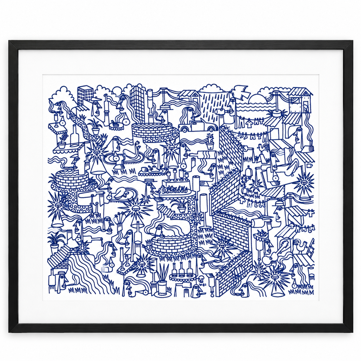 Original artwork by Dyck “Deadlocks”, Dumaguete City, Negros Oriental, Philippines, Filipino artist, ink drawing, line art, illustration, canvas, authentic artwork, abstract art, surreal art, geometric figures, human figures, mountains, houses, flowing water, birds, plants, vases, musical instrument, guitar, eye motifs, sunburst shapes, black and white artwork, intricate details, creative art, wall decor, gift, tourist art, Pinspired Art Gallery, Solo Art Show.
