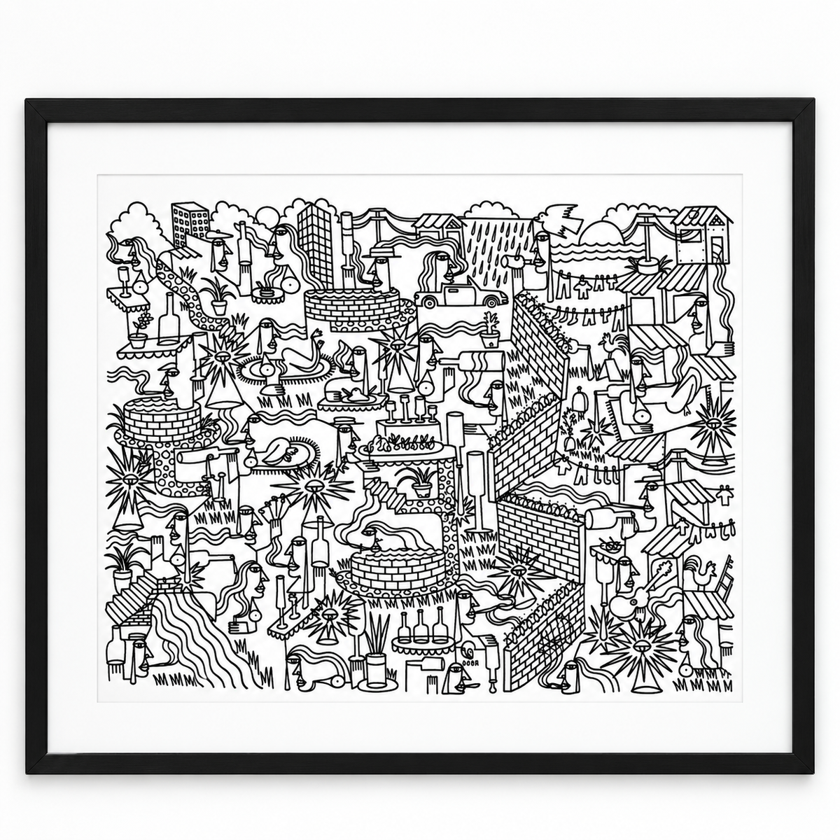 Original artwork by Dyck “Deadlocks”, Dumaguete City, Negros Oriental, Philippines, Filipino artist, ink drawing, line art, illustration, canvas, authentic artwork, abstract art, surreal art, geometric figures, human figures, mountains, houses, flowing water, birds, plants, vases, musical instrument, guitar, eye motifs, sunburst shapes, black and white artwork, intricate details, creative art, wall decor, gift, tourist art, Pinspired Art Gallery, Solo Art Show.