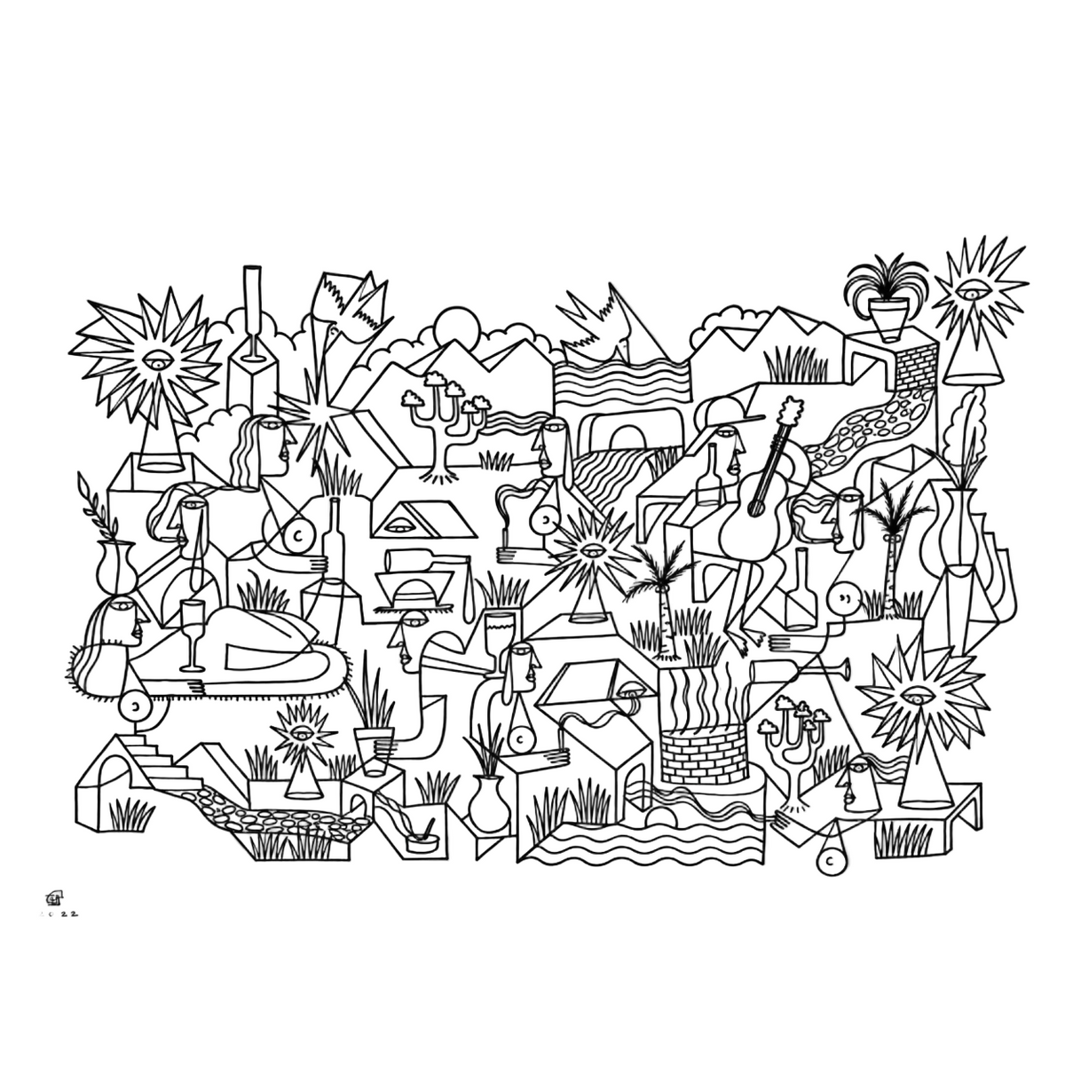 Original artwork by Dyck “Deadlocks”, Dumaguete City, Negros Oriental, Philippines, Filipino artist, ink drawing, line art, illustration, canvas, authentic artwork, abstract art, surreal art, geometric figures, human figures, mountains, houses, flowing water, birds, plants, vases, musical instrument, guitar, eye motifs, sunburst shapes, black and white artwork, intricate details, creative art, wall decor, gift, tourist art, Pinspired Art Gallery, Solo Art Show.