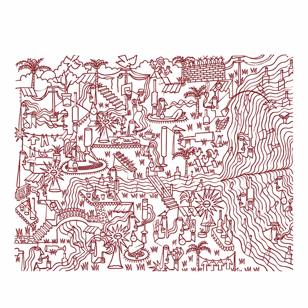 Original artwork by Dyck “Deadlocks”, Dumaguete City, Negros Oriental, Philippines, Filipino artist, ink drawing, line art, illustration, canvas, authentic artwork, abstract art, surreal art, geometric figures, human figures, mountains, houses, flowing water, birds, plants, vases, musical instrument, guitar, eye motifs, sunburst shapes, black and white artwork, intricate details, creative art, wall decor, gift, tourist art, Pinspired Art Gallery, Solo Art Show.