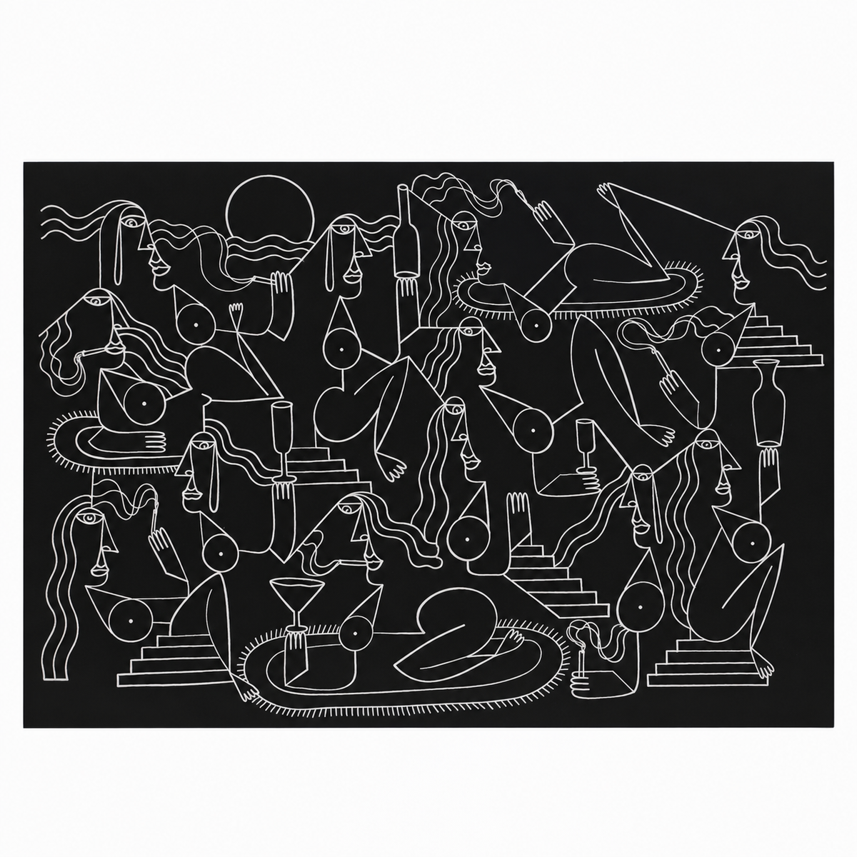 Original artwork by Dyck “Deadlocks”, Dumaguete City, Negros Oriental, Philippines, Filipino artist, ink drawing, line art, illustration, canvas, authentic artwork, abstract art, surreal art, geometric figures, human figures, mountains, houses, flowing water, birds, plants, vases, musical instrument, guitar, eye motifs, sunburst shapes, black and white artwork, intricate details, creative art, wall decor, gift, tourist art, Pinspired Art Gallery, Solo Art Show.
