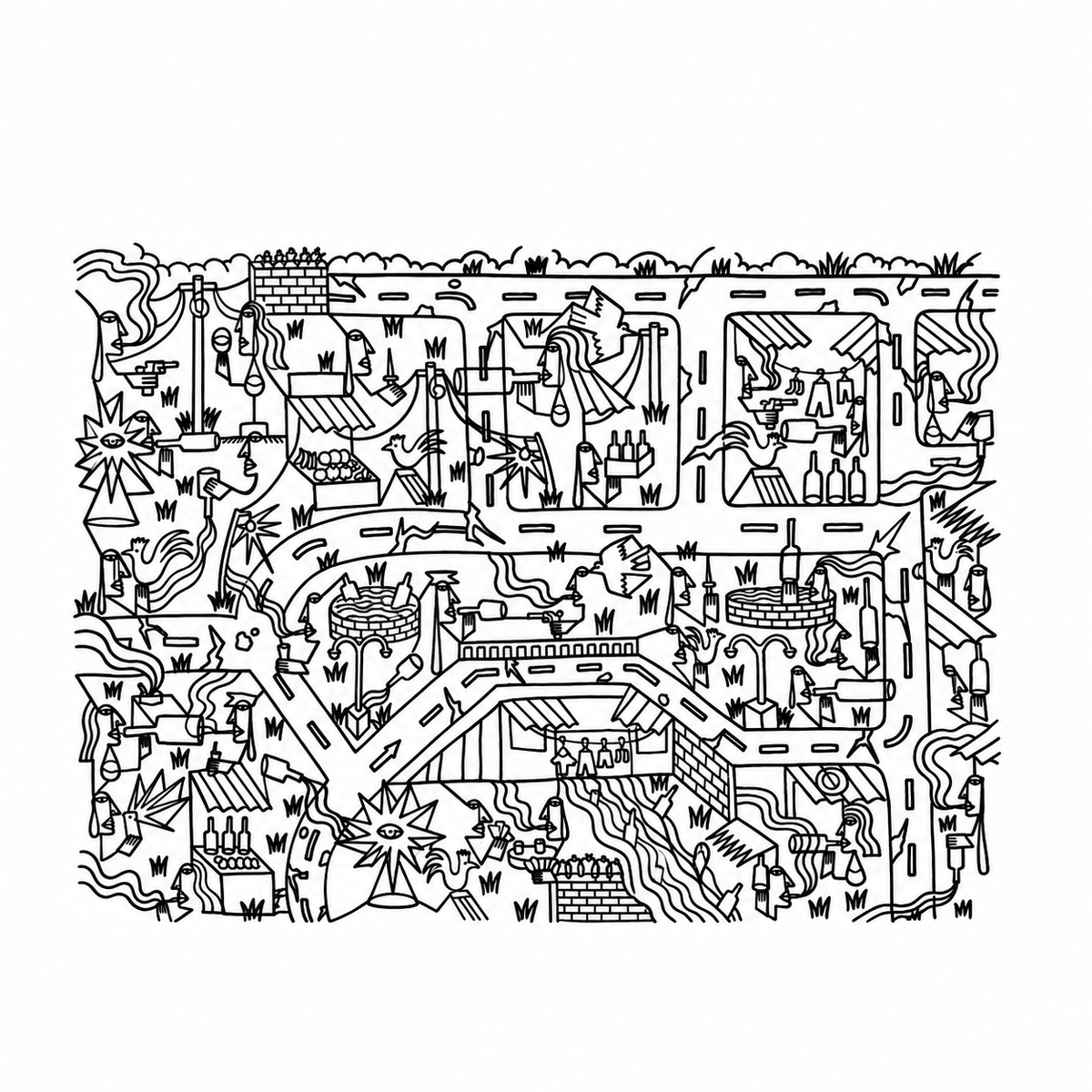 Original artwork by Dyck “Deadlocks”, Dumaguete City, Negros Oriental, Philippines, Filipino artist, ink drawing, line art, illustration, canvas, authentic artwork, abstract art, surreal art, geometric figures, human figures, mountains, houses, flowing water, birds, plants, vases, musical instrument, guitar, eye motifs, sunburst shapes, black and white artwork, intricate details, creative art, wall decor, gift, tourist art, Pinspired Art Gallery, Solo Art Show.