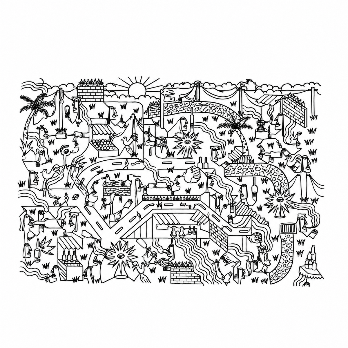 Original artwork by Dyck “Deadlocks”, Dumaguete City, Negros Oriental, Philippines, Filipino artist, ink drawing, line art, illustration, canvas, authentic artwork, abstract art, surreal art, geometric figures, human figures, mountains, houses, flowing water, birds, plants, vases, musical instrument, guitar, eye motifs, sunburst shapes, black and white artwork, intricate details, creative art, wall decor, gift, tourist art, Pinspired Art Gallery, Solo Art Show.