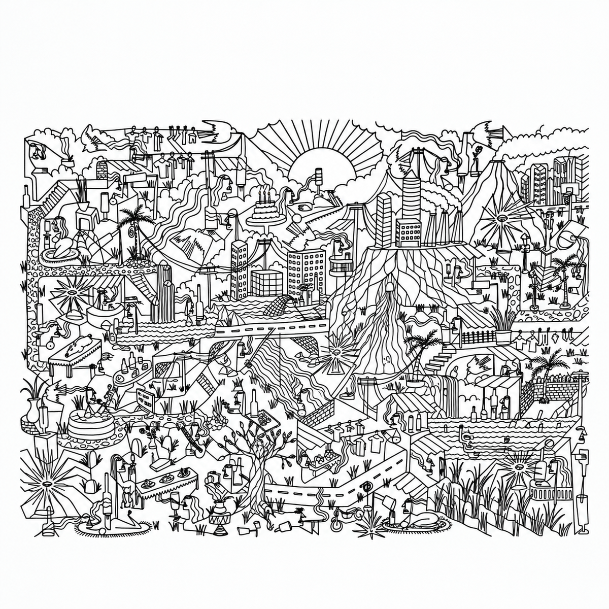 Original artwork by Dyck “Deadlocks”, Dumaguete City, Negros Oriental, Philippines, Filipino artist, ink drawing, line art, illustration, canvas, authentic artwork, abstract art, surreal art, geometric figures, human figures, mountains, houses, flowing water, birds, plants, vases, musical instrument, guitar, eye motifs, sunburst shapes, black and white artwork, intricate details, creative art, wall decor, gift, tourist art, Pinspired Art Gallery, Solo Art Show.