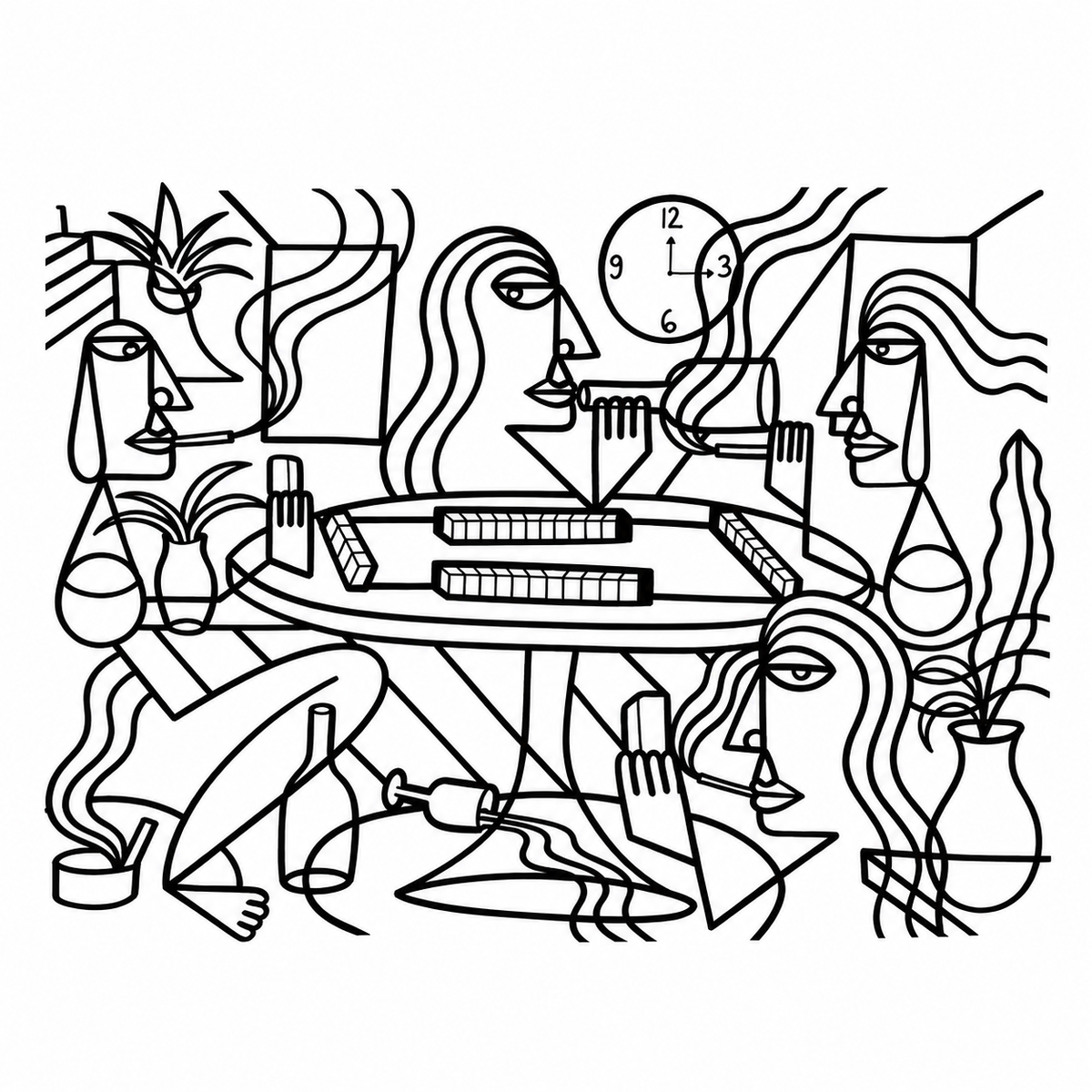 Original artwork by Dyck “Deadlocks”, Dumaguete City, Negros Oriental, Philippines, Filipino artist, ink drawing, line art, illustration, canvas, authentic artwork, abstract art, surreal art, geometric figures, human figures, mountains, houses, flowing water, birds, plants, vases, musical instrument, guitar, eye motifs, sunburst shapes, black and white artwork, intricate details, creative art, wall decor, gift, tourist art, Pinspired Art Gallery, Solo Art Show.