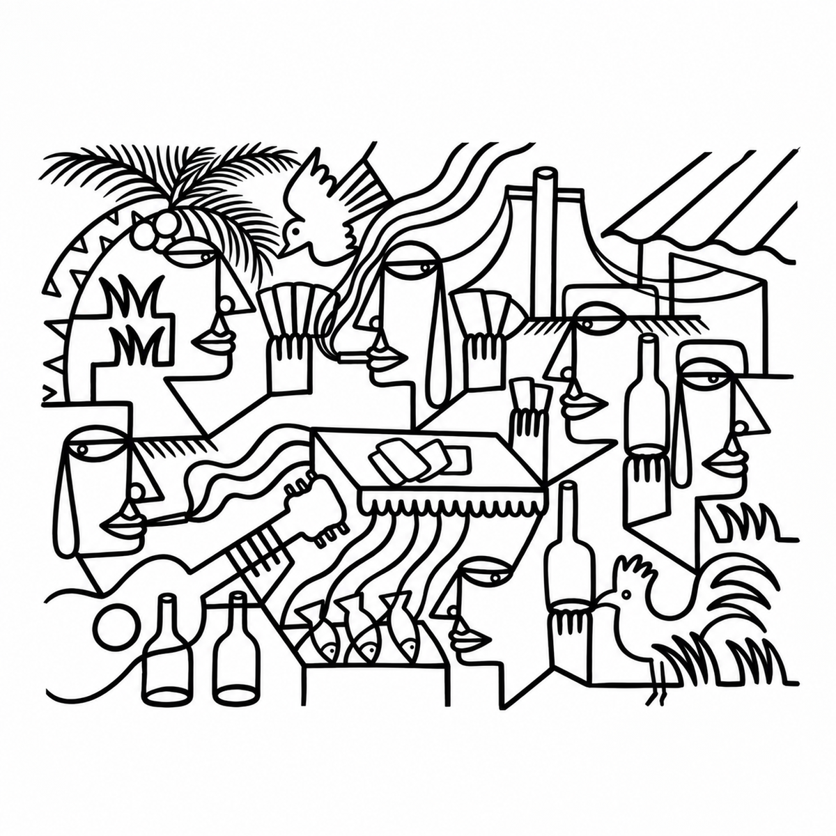 Original artwork by Dyck “Deadlocks”, Dumaguete City, Negros Oriental, Philippines, Filipino artist, ink drawing, line art, illustration, canvas, authentic artwork, abstract art, surreal art, geometric figures, human figures, mountains, houses, flowing water, birds, plants, vases, musical instrument, guitar, eye motifs, sunburst shapes, black and white artwork, intricate details, creative art, wall decor, gift, tourist art, Pinspired Art Gallery, Solo Art Show.
