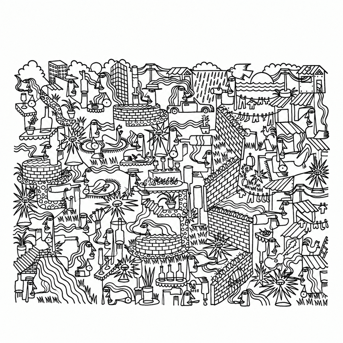 Original artwork by Dyck “Deadlocks”, Dumaguete City, Negros Oriental, Philippines, Filipino artist, ink drawing, line art, illustration, canvas, authentic artwork, abstract art, surreal art, geometric figures, human figures, mountains, houses, flowing water, birds, plants, vases, musical instrument, guitar, eye motifs, sunburst shapes, black and white artwork, intricate details, creative art, wall decor, gift, tourist art, Pinspired Art Gallery, Solo Art Show.