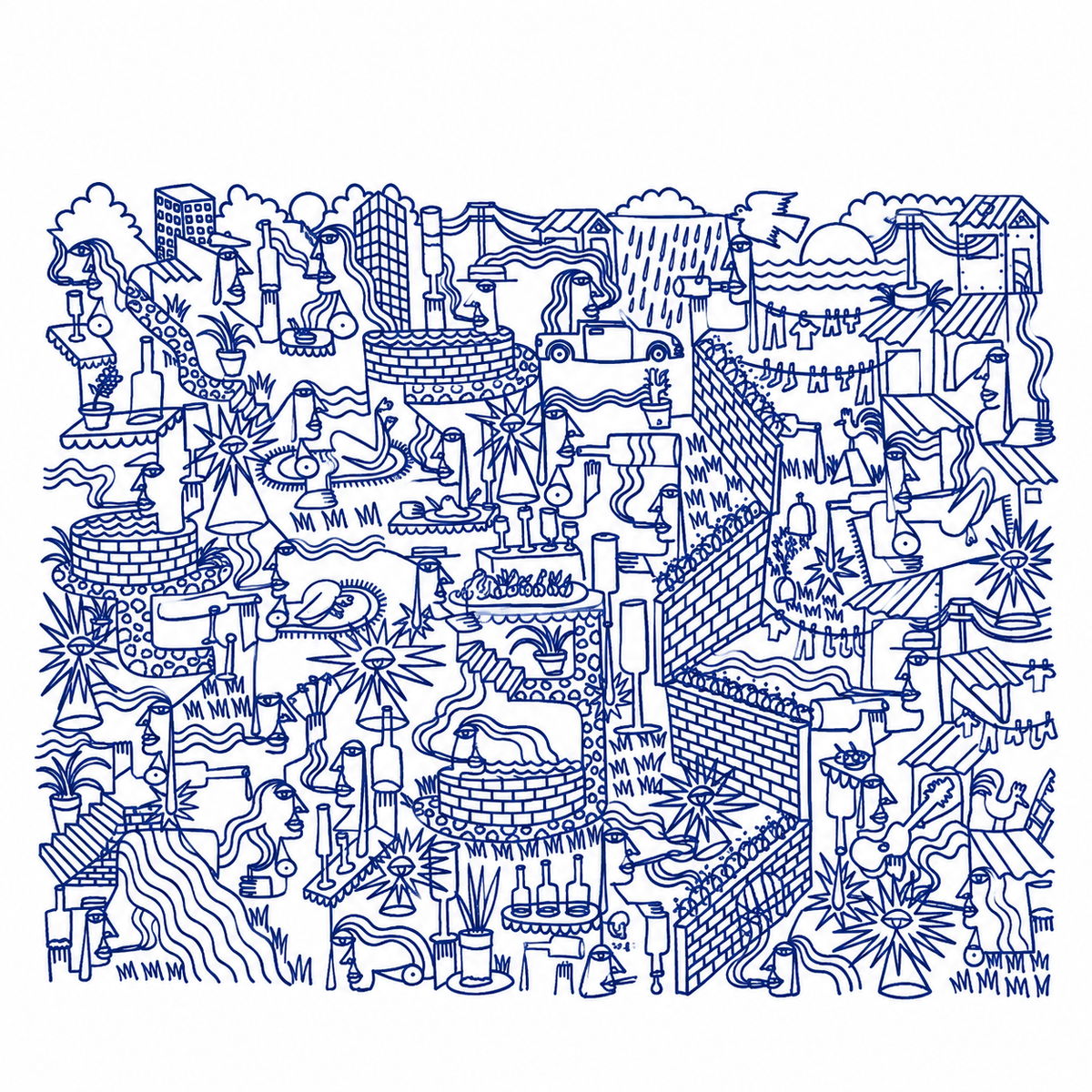 Original artwork by Dyck “Deadlocks”, Dumaguete City, Negros Oriental, Philippines, Filipino artist, ink drawing, line art, illustration, canvas, authentic artwork, abstract art, surreal art, geometric figures, human figures, mountains, houses, flowing water, birds, plants, vases, musical instrument, guitar, eye motifs, sunburst shapes, black and white artwork, intricate details, creative art, wall decor, gift, tourist art, Pinspired Art Gallery, Solo Art Show.