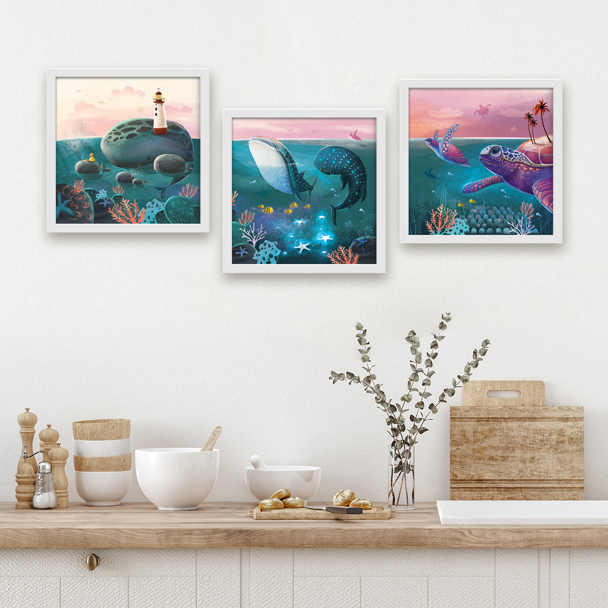 whale shark turtle green sea magic dream dreamy underwater pink set gift magic illustration digital artist nature dreamy creative decor wall tropical vibe framed