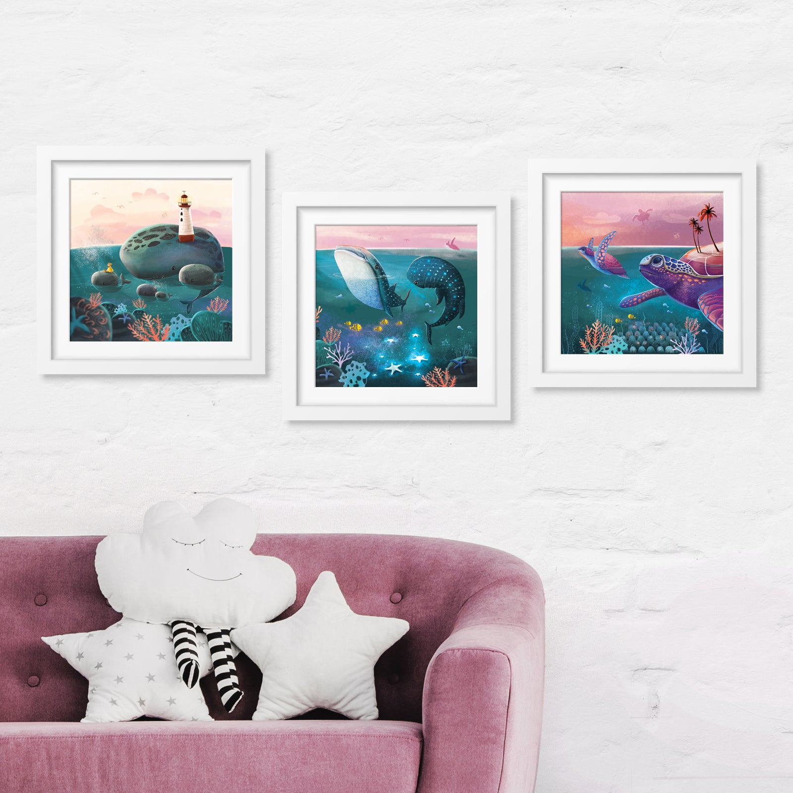 whale shark turtle green sea magic dream dreamy underwater pink set gift magic poster creative decor wall tropical vibe