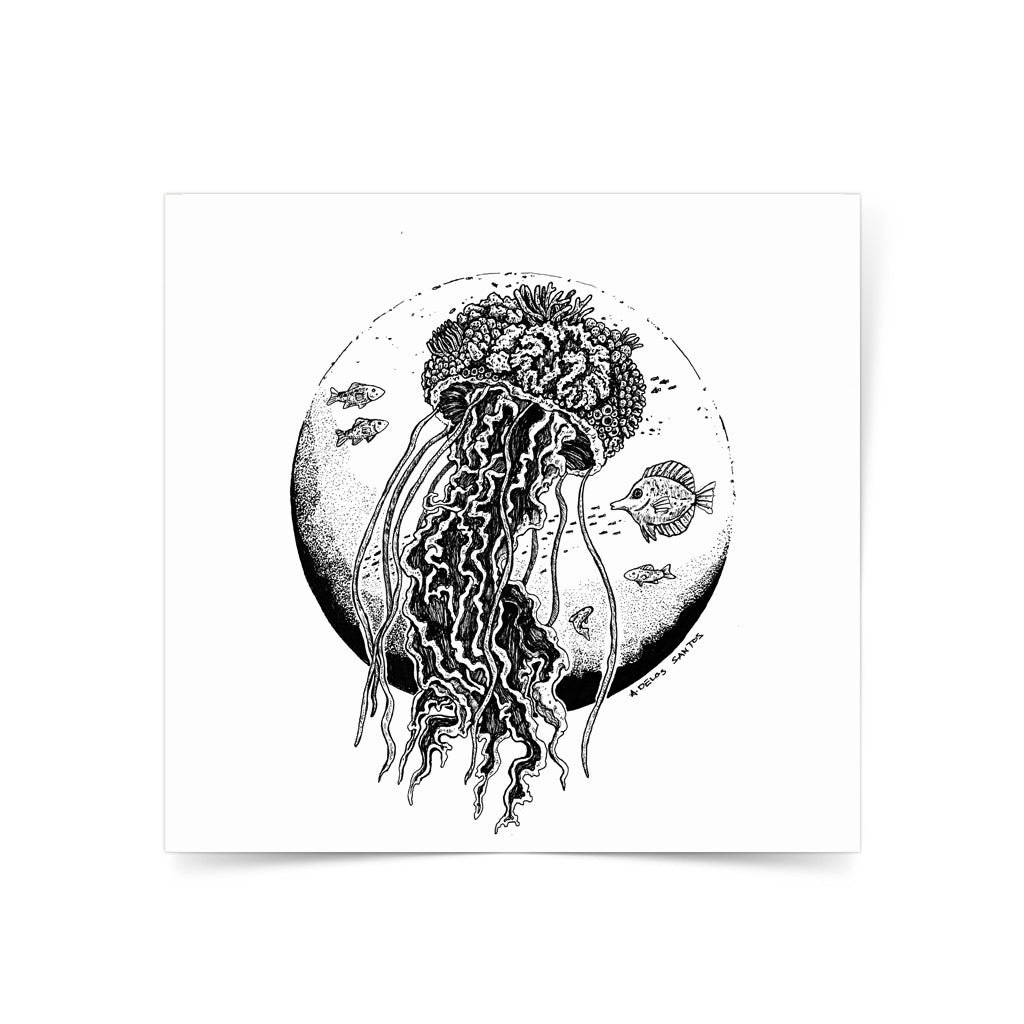 local artist Dumaguete pen and ink style art scene black and white marine life coral protection underwater life Angelo Delos Santos Dumaguete city Philippines print 