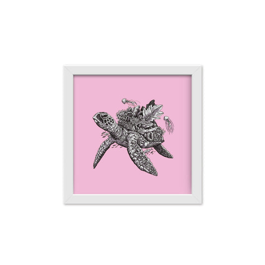 green sea turtle coral pen and ink black and white wall decoration idea gift mini decor pink beach