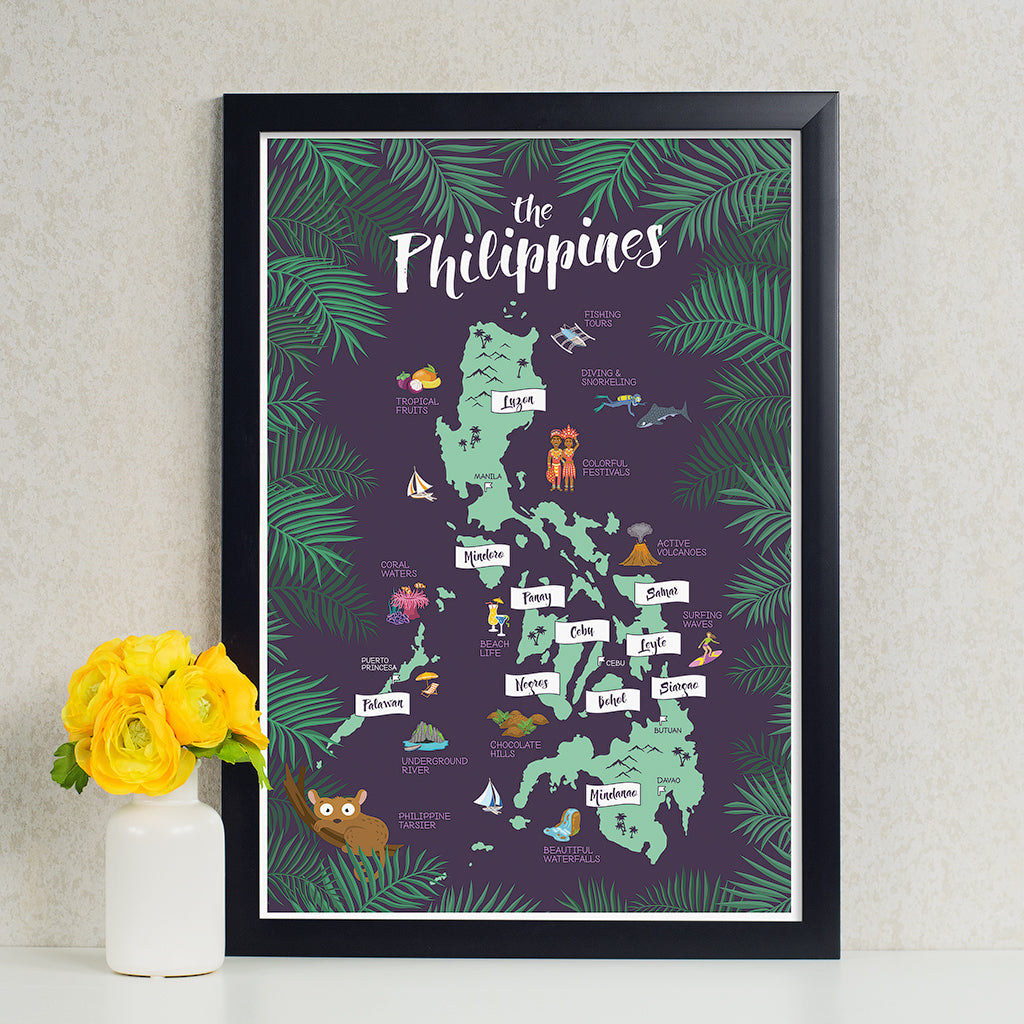 art travel poster island map philippines tourist Luzon Visayas Mindanao Palm office decor home children room framing framed