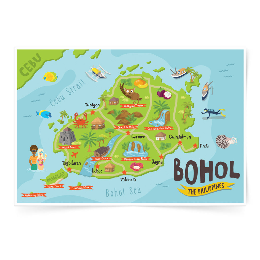 art travel poster bohol island map philippines alona beach pinoy chocolate hills wall decor Philippine Tarsier, Chocolate Hills, Can-umantad Falls, Dimiao Twin Falls, River Cruise, Watch tower, Alona Beach on Panglao Island and also Pamilacan, Balicasag Islands, pinoy, children's room, colourful, animals, game activity