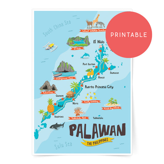 팔라완 그림 지도 인쇄 가능한 벽 아트 포스터