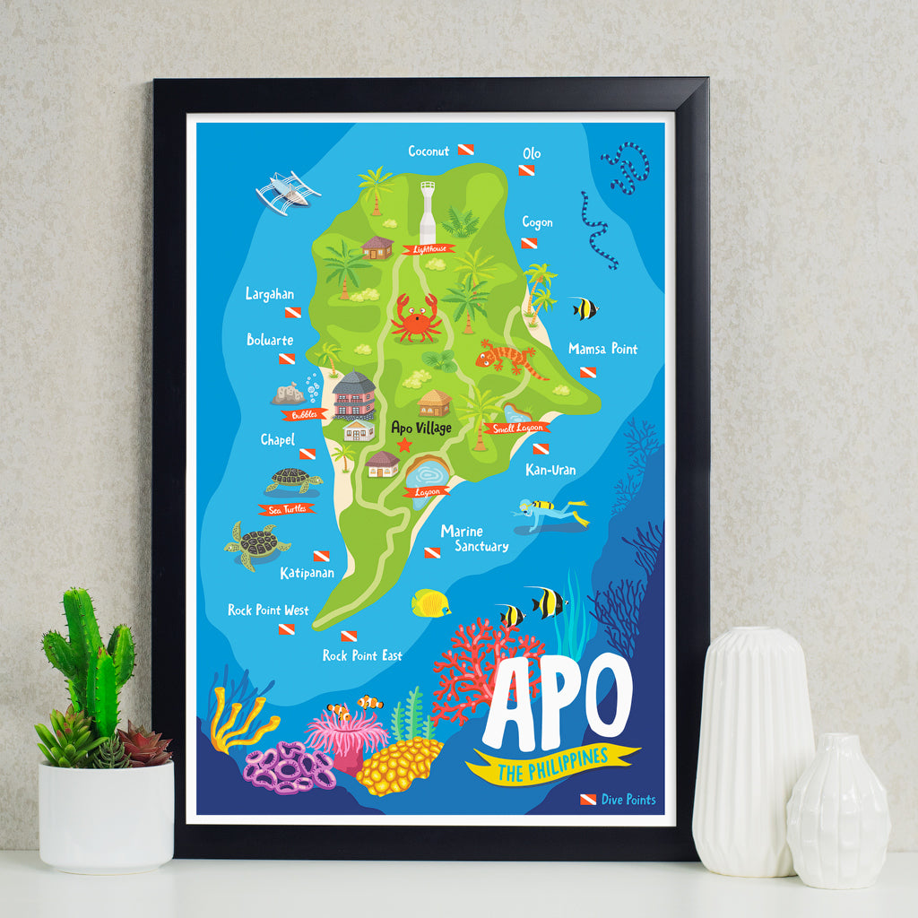 art wall decor travel poster tourist apo island map philippines diving dive spot room office children space activity colourful animals illustration Dumaguete Negros Island Region framed framing idea