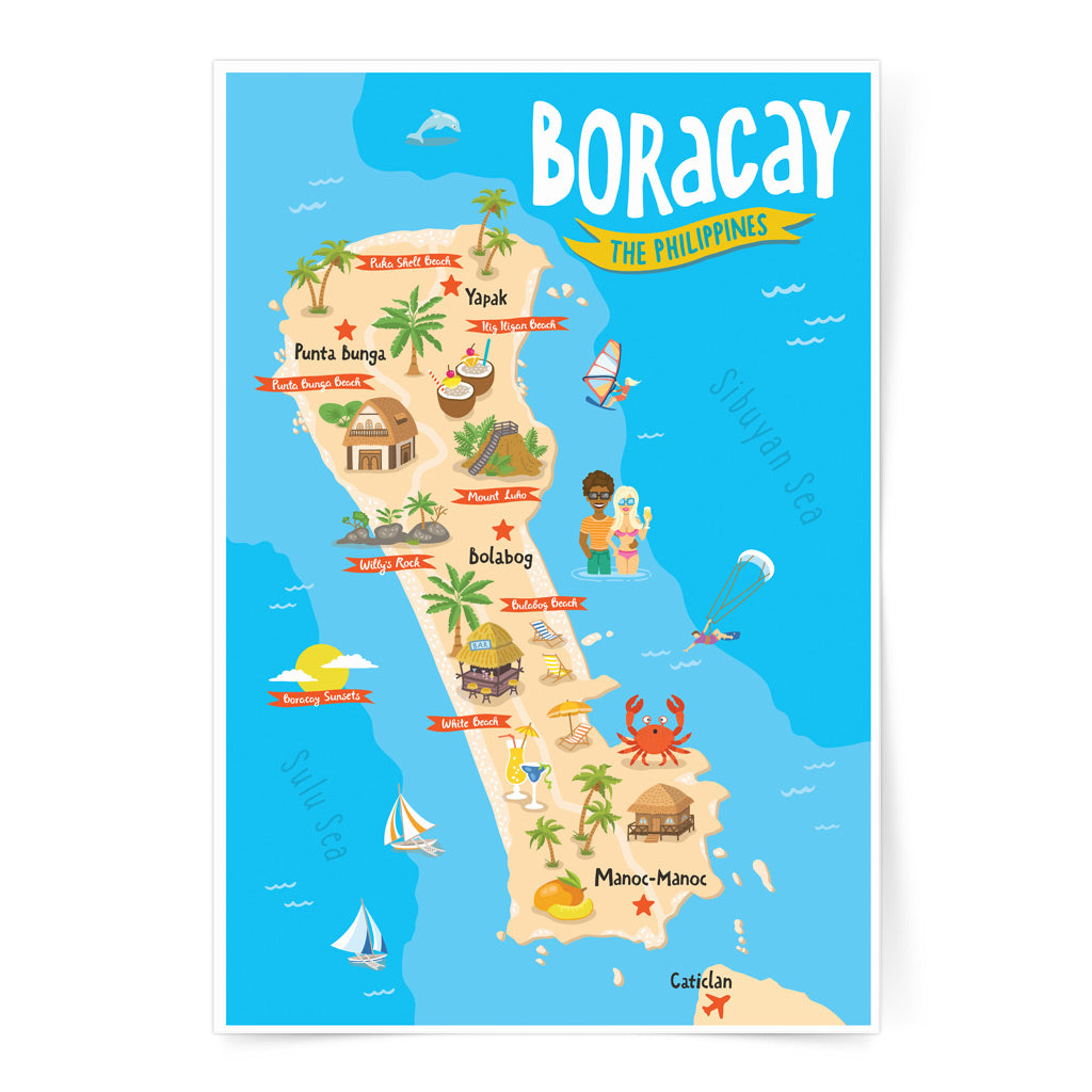 art travel poster boracay island map philippines pinoy tourist spot colourful kid children's room office animals game activity educational