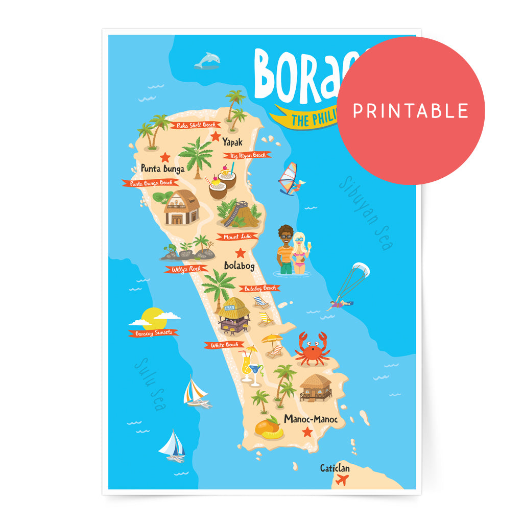 Boracay Illustrated Map Printable Wall Art Poster