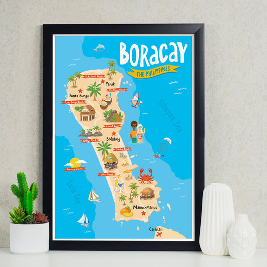 art travel poster boracay island map philippines pinoy tourist spot colourful kid children's room office animals game activity educational framed framing