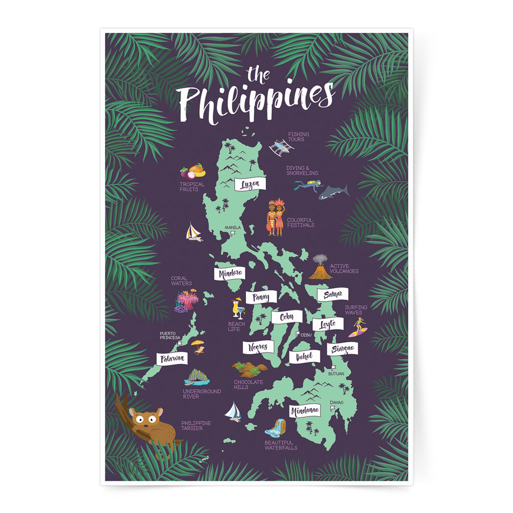 art travel poster island map philippines tourist Luzon Visayas Mindanao Palm office decor home children room