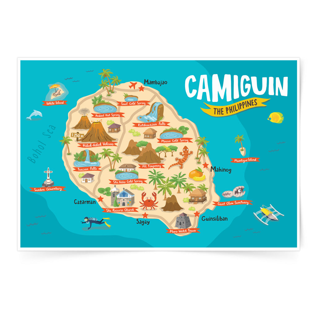 art travel poster Camiguin volcano island map Philippines colourful game children's educational activity 