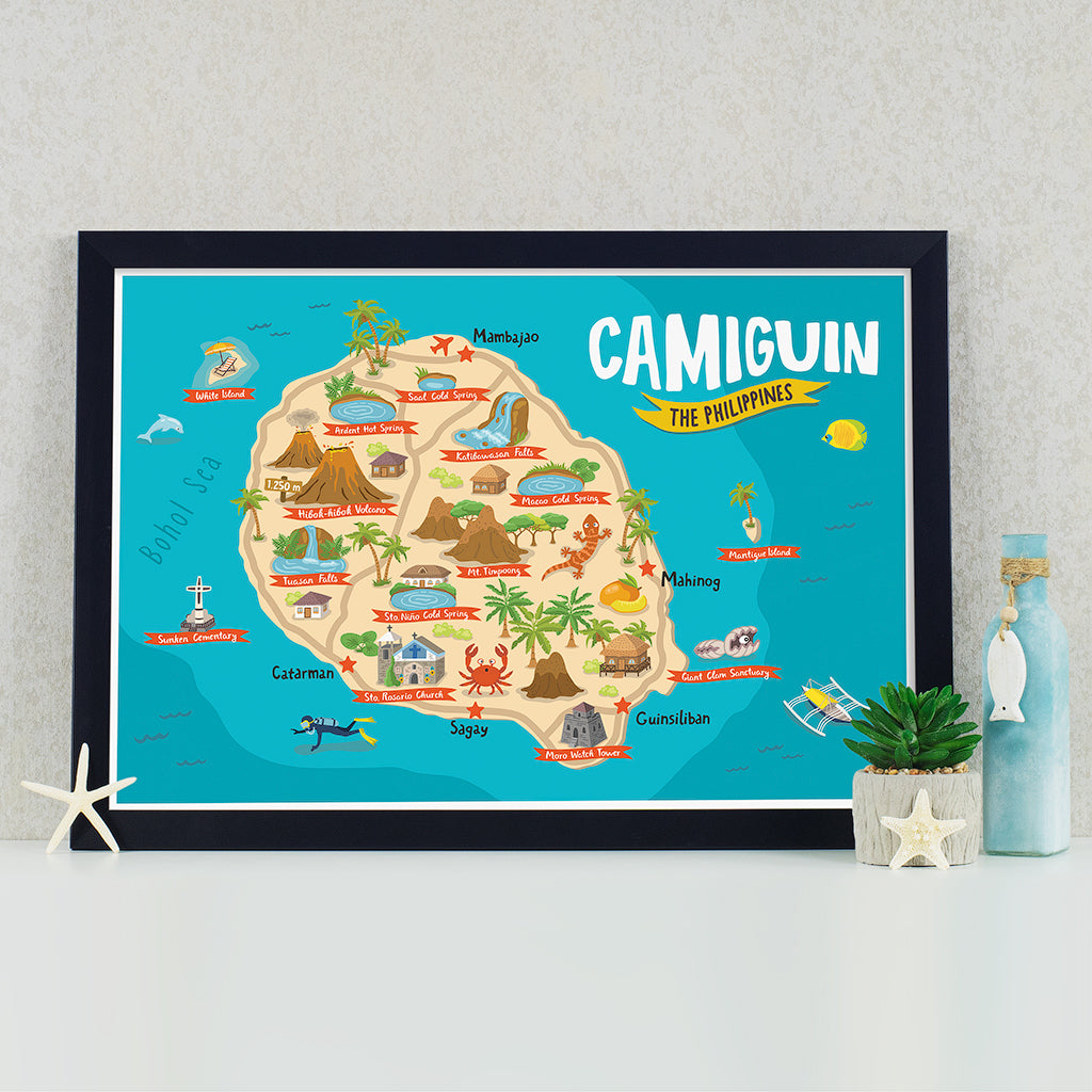 art travel poster Camiguin volcano island map Philippines colourful game children's educational activity framed framing