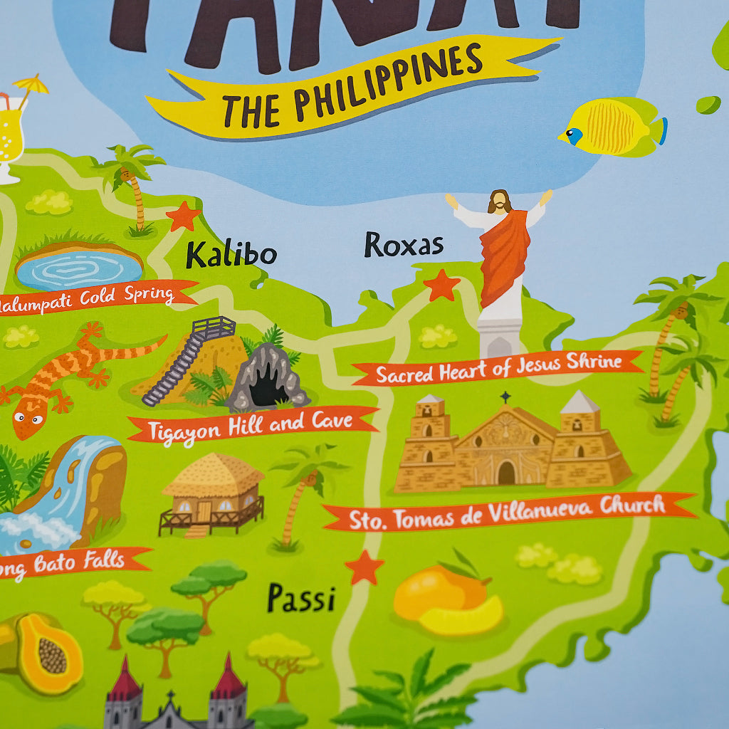 art travel poster panay island map philippinesart travel poster panay island map philippines Boracay Island, Malumpati Cold Spring, Tigayon Hill and Cave, Sacred Heart of Jesus Shrine, Sto. Tomas de Villanueva Church, Bugtong Bato Falls and St. Anne Parish Church wall idea tourist decor decoration close up map