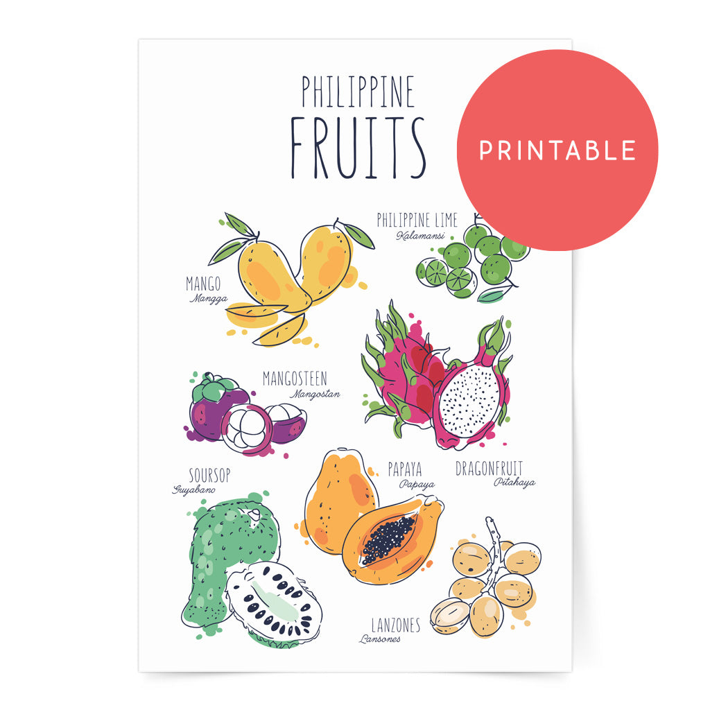 illustrated art kitchen wall decor dumaguete filipino food philippine fruits mango calamansi papaya guyabano dragon fruit lanzones mangosteen digital download