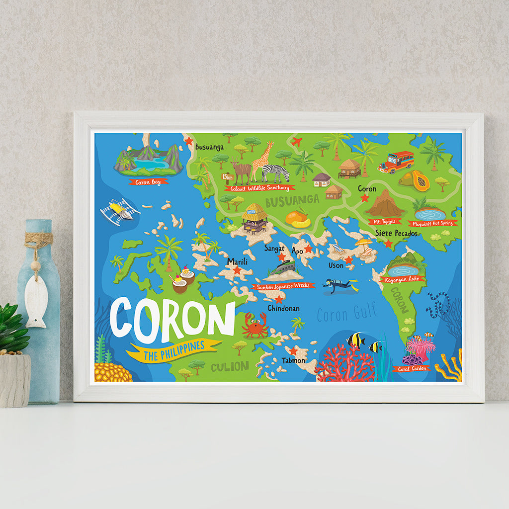 Coron Island Palawan Busuanga Bay Coral Reef Diving Colourful map illustration kid children's room decor wall framing framed Philippines idea decoration