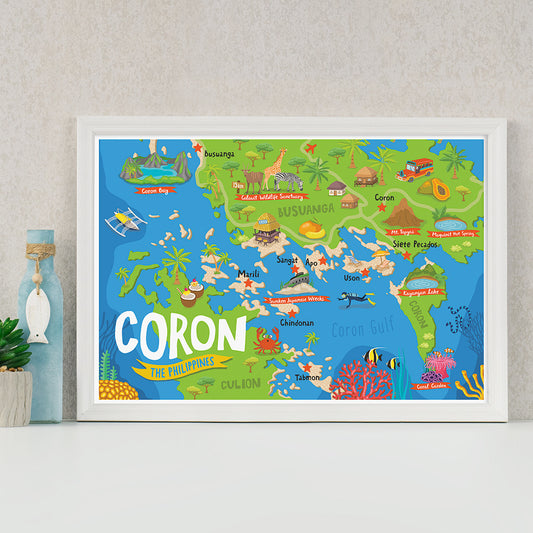 Coron Island Palawan Busuanga Bay Coral Reef Diving Colourful map illustration kid children's room decor wall framing framed Philippines idea decoration