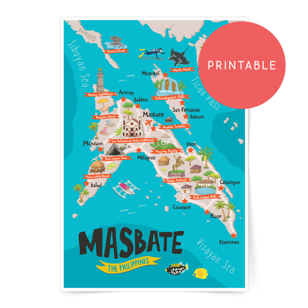 Masbate Illustrated Map Printable Wall Art Poster