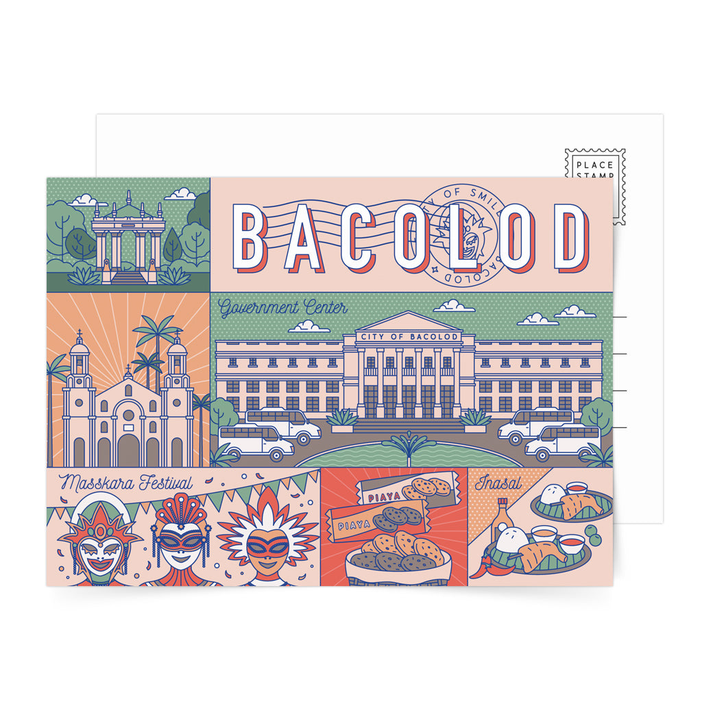 Tourist souvenir, gift, pasalubong, art, vintage, postcrossing, mail,Bacolod, Government Center, Public Plaza, San Sebastian Cathedral, Masskara Festival, treats, Piaya, Inasal, lechon manok