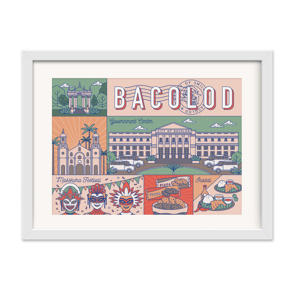 Tourist souvenir, gift, pasalubong, art, vintage, postcrossing, mail,Bacolod, Government Center, Public Plaza, San Sebastian Cathedral, Masskara Festival, treats, Piaya, Inasal, lechon manok tourist place wall decor office idea