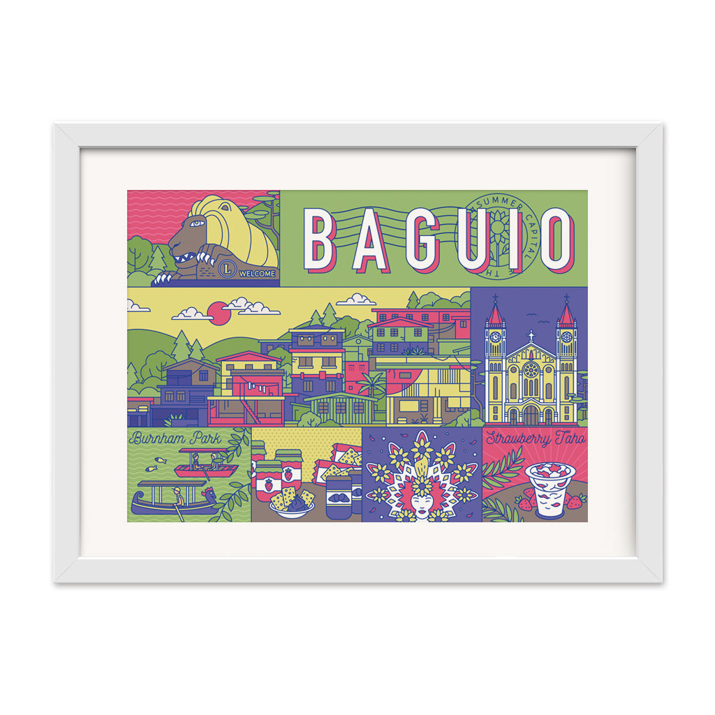 Wall Decor Framing Framed Office Home Space Design Art Craft Gift Souvenir Illustration Local Pinoy Baguio Cathedral, Lion’s Head, Panagbenga Festival - the annual flower festival, Burgham Park, local delicacies such as strawberry taho, ube jam, Lengua de GatoColors of StoBoSa 