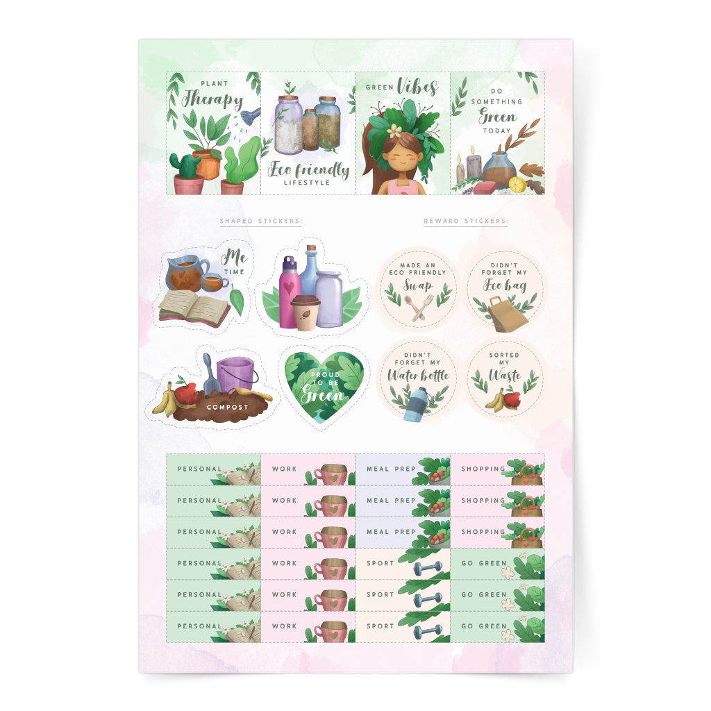 recycle green zero waste digital download printable sticker plan journal eco friendly save the planet nature girl plant 