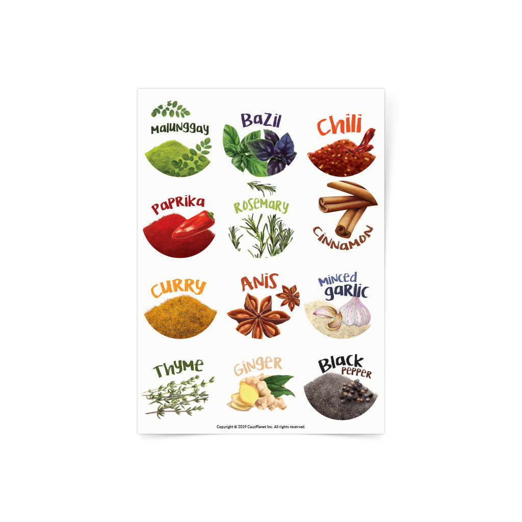 philippine spices recycle bottles waterproof stickers rounded basil chili malunggay cinnamon paprika rosemary adobo black pepper vanilla bay leafs sinigang banana blossom curry thyme coriander achuete kasubha tinola sinigang stick minced garlic anis 